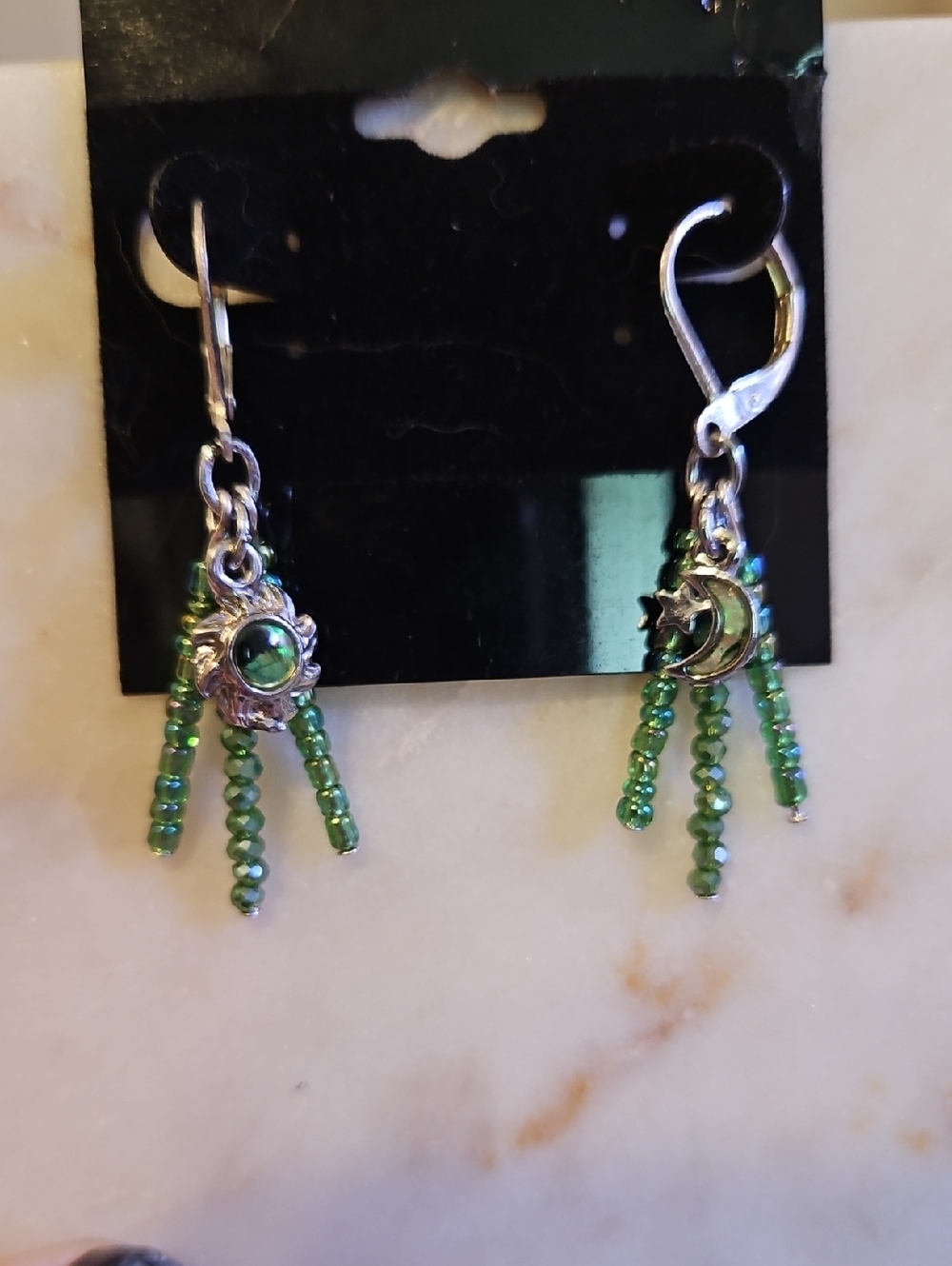 Green Beaded Sun & Moon Dangle Earrings